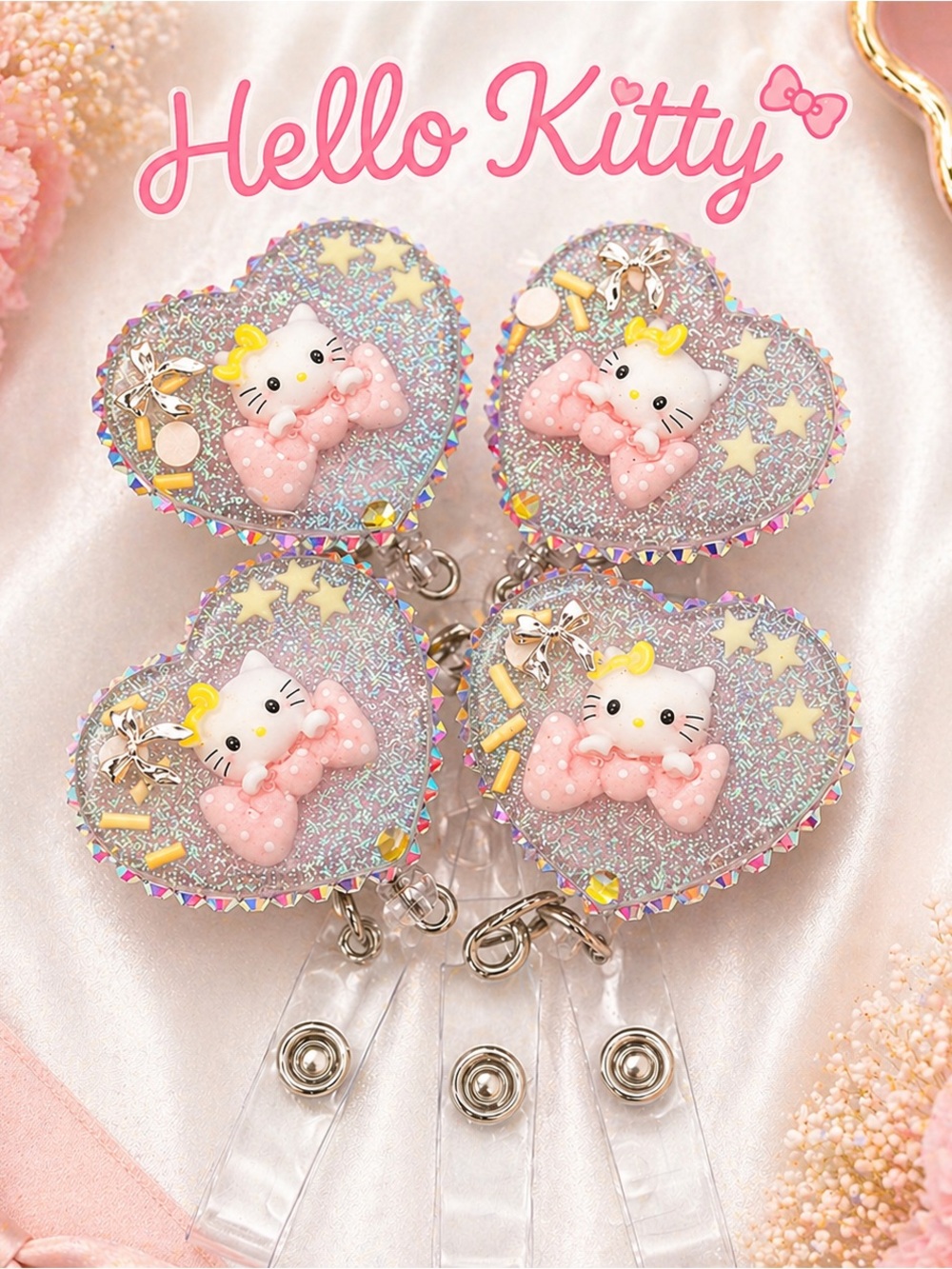 Hello Kitty Badge Reel Sanrio Inspired Kawaii Glass Rhinestone ID Nurse Teacher